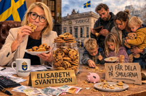 AI-bild som visar en politiker som äter kakor och en familj som får dela på smulorna.